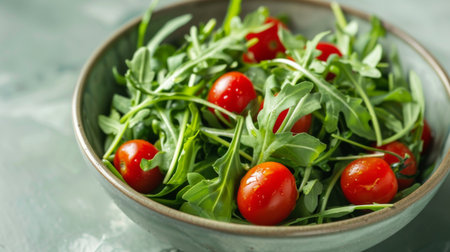 A bunch of arugula leaves arranged in a salad bowl with cherry tomatoes and balsamic vinaigrette.の素材