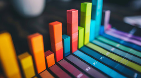 A bar chart displaying quarterly revenue growth for a successful business, with colorful bars rising high.の素材