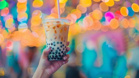 A close-up of a hand holding a plastic cup of bubble milk tea with tapioca pearls, against a vibrant background.の素材