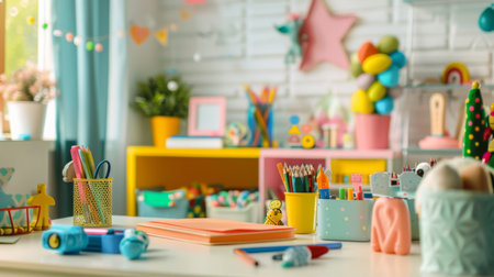 A child's study desk with colorful supplies and educational toys, encouraging learning and exploration.の素材