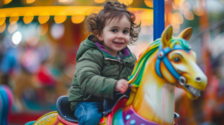 A child riding a colorful toy rocking horse, holding on tightly with a big smile.の素材