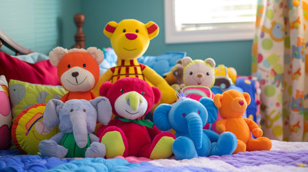 A colorful collection of plush toys arranged neatly on a child's bed, ready for playtime.の素材