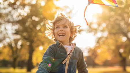 A child giggling while flying a colorful kite in a sunny park, feeling the wind in their hair.の素材