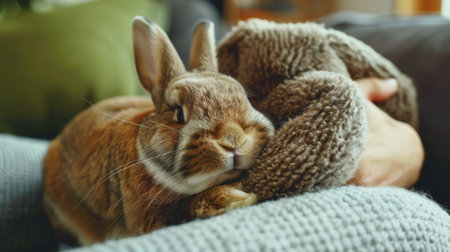 A contented bunny lounging on a soft cushion, enjoying pets from its owner.の素材