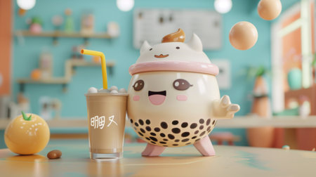 A cheerful bubble milk tea mascot character waving and holding a giant cup of bubble milk tea, inviting customers to try the drink.の素材