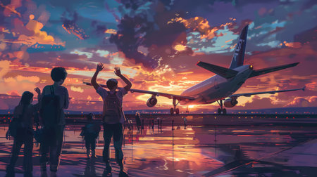 A group of friends waving goodbye to a departing airplane at an airport viewing area.の素材