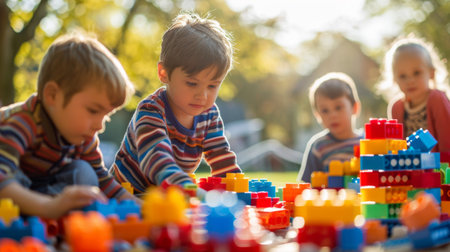 A group of children playing with building blocks, constructing imaginative structures together.の素材
