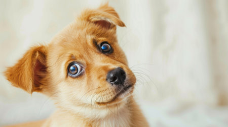 A cute puppy tilting its head in confusion, trying to understand a new command.の素材