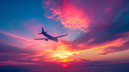 A colorful sunset sky with a silhouette of an airplane flying towards the horizon.の素材