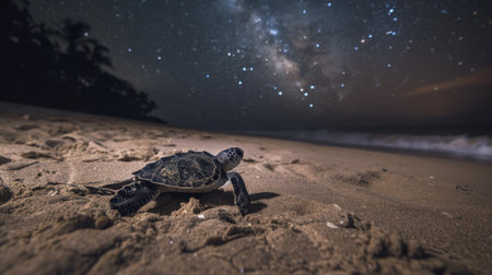 A sea turtle hatchling emerging from its nest and making its way to the ocean under a starry night sky.の素材