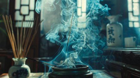 Close-up of smoke rising from an incense stick, filling a room with aromatic fragrance.の素材