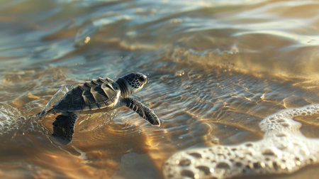 A sea turtle hatchling making its way to the ocean under the watchful eye of conservationists.の素材