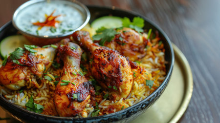 A mouthwatering plate of chicken biryani served with cucumber raita and spicy pickle.の素材