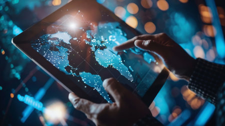 Close-up of hands holding a digital tablet with a global video call in progress, connecting people from around the world.の素材
