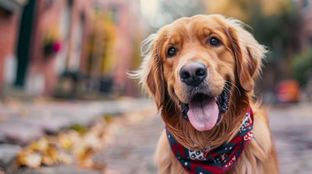 A cute dog wearing a stylish bandana, posing for the camera on a walk.の素材
