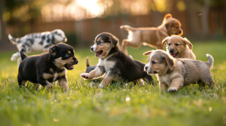 A group of cute puppies playing together in a grassy yard, tumbling and chasing each other.の素材