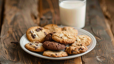A plate of assorted cookies with a glass of milk, set on a rustic wooden tableの素材