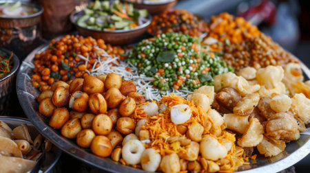 A tempting platter of Indian street food snacks like papdi chaat, pani puri, and sev puri.の素材