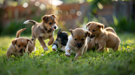 A group of cute puppies playing together in a grassy yard, tumbling and chasing each other.の素材