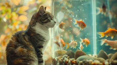 A plump cat sitting by a fish tank, watching the fish swim with fascination.の素材