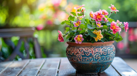 A decorative clay pot with intricate designs, holding a vibrant flowering plant, set on an outdoor tableの素材