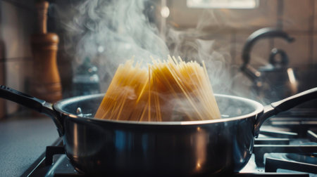 A pot of pasta boiling on the stove, with steam and bubbles indicating the cooking processの素材