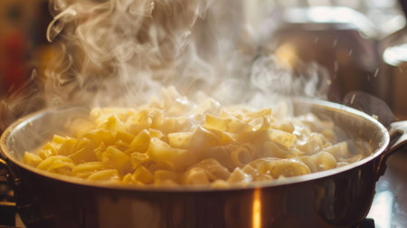 A pot of pasta boiling on the stove, with steam and bubbles indicating the cooking processの素材