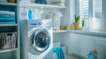 A modern washing machine in a bright laundry room, with neatly organized detergent and fabric softeners on shelvesの素材