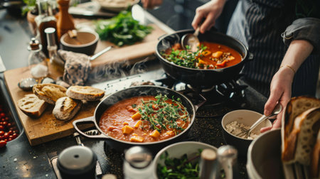 A pot of hot soup being served into bowls on a kitchen counter, with fresh bread and herbs as garnishesの素材