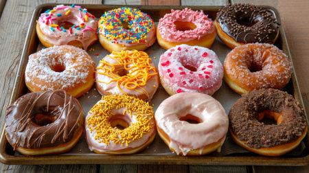 A colorful assortment of freshly baked donuts arranged on a serving tray, tempting and delicious.の素材