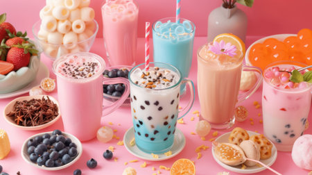 A festive bubble milk tea party table set with a variety of flavored teas and toppings, perfect for celebrating with friends.の素材
