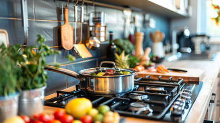 A modern kitchen with a focus on a stylish saucepan on the stove, with ingredients ready for cooking nearbyの素材