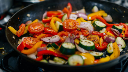 A variety of colorful vegetables being in a non-stick frying pan on a home kitchen stoveの素材