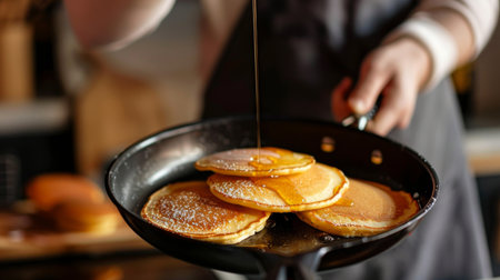 A person flipping pancakes in a non-stick skillet, with golden brown pancakes visible in the airの素材