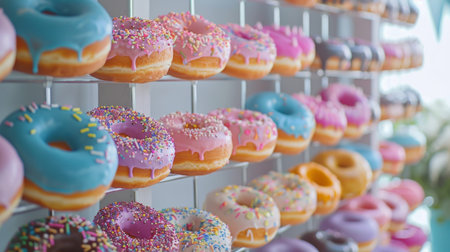 A colorful donut wall display at a party or event, with a variety of flavors and decorations.の素材