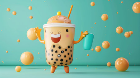 A cheerful bubble milk tea mascot character waving and holding a giant cup of bubble milk tea, inviting customers to try the drink.の素材