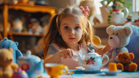 A girl playing with a toy tea set, hosting a pretend tea party with her stuffed animals as guests.の素材