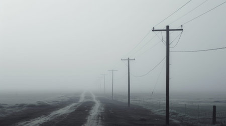 A line of telephone poles disappearing into a foggy distance, creating a mysterious atmosphere.の素材