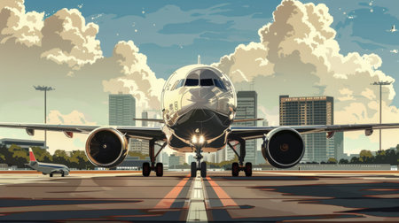 A passenger airplane taxiing on the runway, with airport buildings in the background.の素材