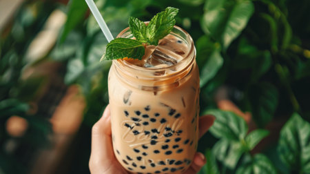 A hand holding a mason jar filled with iced bubble milk tea, garnished with a sprig of fresh mint for extra flavor.の素材