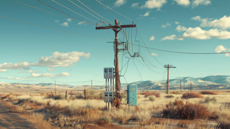 A telephone pole with equipment boxes at its base, providing connections for telecommunication services.の素材