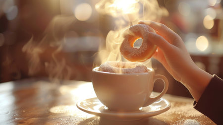 A person dipping a donut into a cup of steaming hot coffee, enjoying a sweet morning treat.の素材