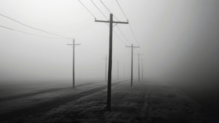 A line of telephone poles disappearing into a foggy distance, creating a mysterious atmosphere.の素材