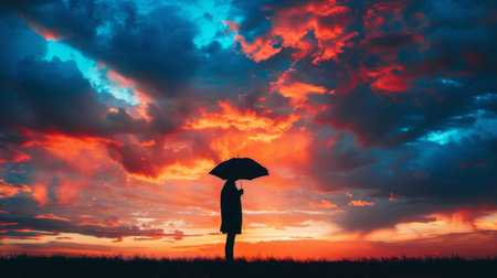 A silhouette of a person holding an umbrella against a dramatic sunset sky, creating a sense of solitude and reflection.の素材