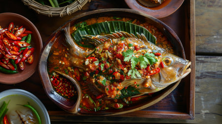 A Thai fish-shaped sauce dish filled with spicy chili dipping sauce, a common condiment in Thai cuisine.の素材