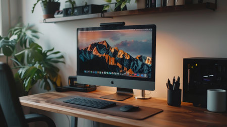 A minimalist desk setup with a sleek computer monitor and wireless keyboard, promoting productivityの素材