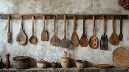 A set of Thai cooking utensils hanging on a kitchen wall, including spatulas, ladles, and skimmers.の素材