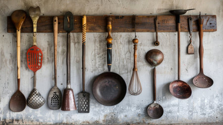 A set of Thai cooking utensils hanging on a kitchen wall, including spatulas, ladles, and skimmers.の素材