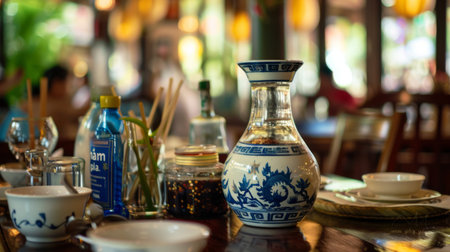 A Thai fish sauce dispenser, or "nam pla," placed on a dining table for seasoning dishes to taste.の素材