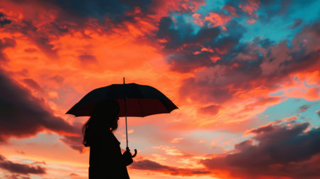 A silhouette of a person holding an umbrella against a dramatic sunset sky, creating a sense of solitude and reflection.の素材